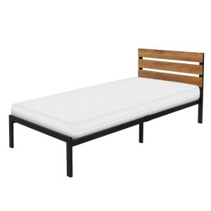 Cama metálica negra con cabecero de madera 90x200 cm con colchón de espuma