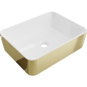 Lavabo cerámico sobre encimera, 48x37x13 cm, blanco/dorado