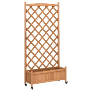 vidaXL jardinera con enrejado y ruedas madera maciza de abeto marrón