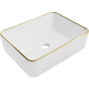 Lavabo cerámico sobre encimera, 48x37x13 cm, blanco/dorado