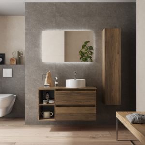 Mueble baño bequia 90cm + coqueta reversible + encimera + lavabo | nogal