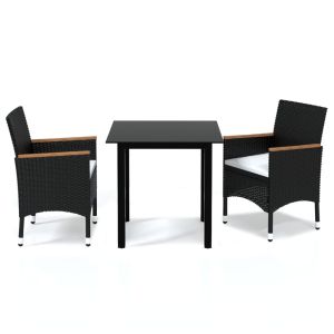 vidaXL set de comedor de jardín 3 pzas y cojines ratán sintético negro