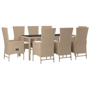 vidaXL set comedor de jardín 9 pzas con cojines ratán sintético beige