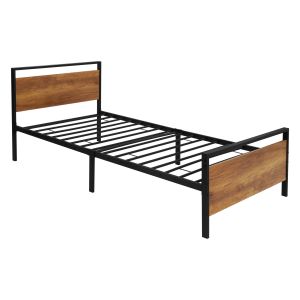 Cama metálica negra individual con cabecero y piecero de madera marrón