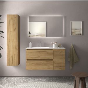 Mueble baño bequia 100cm + coqueta derecha + lavabo cerámica| roble