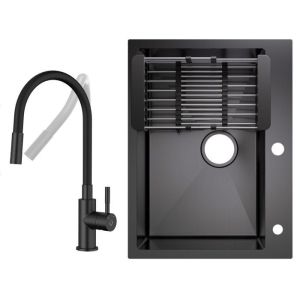 Fregadero de cocina 60x45 cm con escurridor negro antracita + grifo monoman