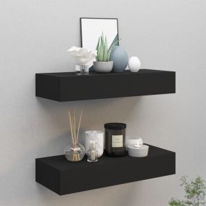 Estantes de pared con cajón 2 uds mdf negro 60x23,5x10 cm es9433