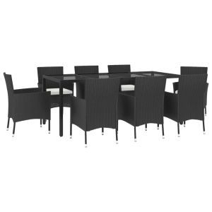 vidaXL set de comedor de jardín 9 pzas y cojines ratán sintético negro