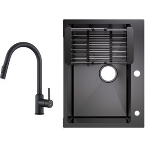 Fregadero de cocina 60x45 cm con escurridor negro antracita + grifo monoman