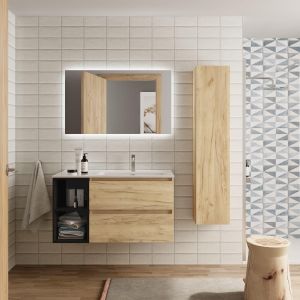 Mueble baño bequia plus 100 cm roble y coqueta izquierda negrocon lavabo