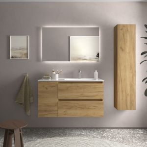 Mueble baño bequia 90cm + coqueta izquierda + lavabo cerámica| roble