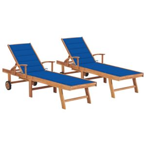 vidaXL tumbonas 2 unidades madera maciza de teca con cojín azul royal