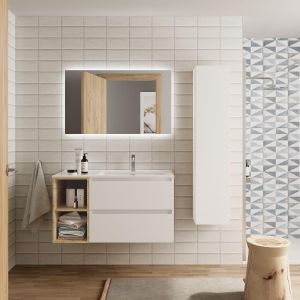 Mueble baño bequia plus 90 cm blanco y coqueta izquierda roble con lavabo