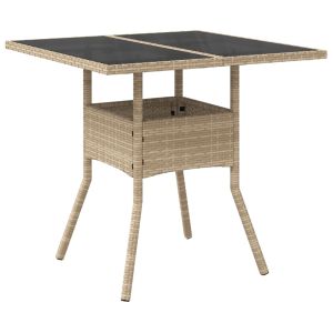 vidaXL mesa de jardín superficie de vidrio ratán pe beige 80x80x75 cm