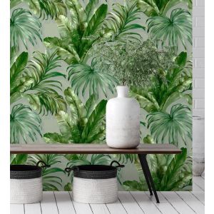 Papel pintado gaulan  lavable tropical hojas plantas verde gris 10.6m²