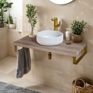 Encimera lavabo 91x49x3 cm chapa nogal natural con soportes oro