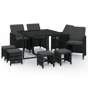 vidaXL set de comedor de jardín 9 pzas y cojines ratán sintético negro