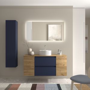 Mueble bequia 120cm + coqueta centrado + encimera + lavabo | azul/ roble