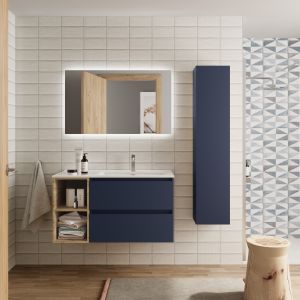 Mueble baño bequia 90cm + coqueta izquierda + lavabo cerámica| azul/ roble