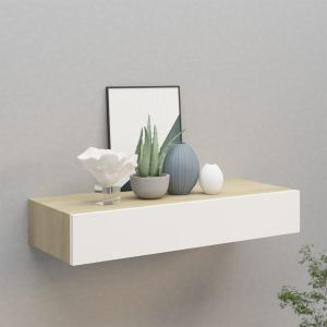 Estante con cajón de pared mdf roble y blanco 60x23,5x10 cm