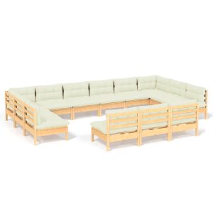 vidaXL muebles de jardín 13 pzas y cojines madera maciza de pino crema