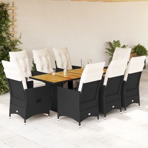 vidaXL set de comedor de jardín 9 pzas y cojines ratán sintético negro