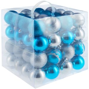 Conjunto de 64 bolas de navidad en plata/azul