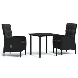 vidaXL juego de comedor de jardín 3 piezas con cojines negro