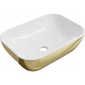 Lavabo cerámico sobre encimera, 45,5x32,5x13,5 cm, blanco/dorado