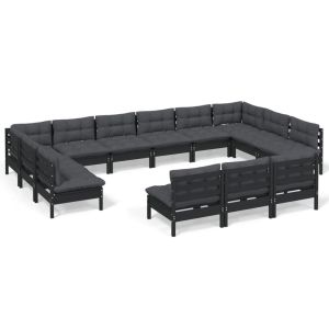 vidaXL muebles de jardín 13 pzas y cojines negro madera maciza de pino