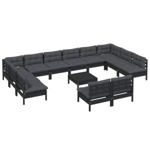 vidaXL muebles de jardín 13 pzas y cojines negro madera maciza de pino