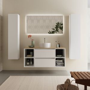 Mueble baño bequia 120cm + coqueta centrado + encimera + lavabo | blanco