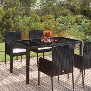 Mesa de jardín superficie de vidrio ratán pe negro 150x90x75 cm