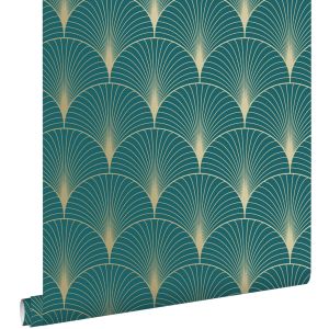 Estahome papel pintado arte deco azul petroleo y oro - 0,53 x 10,05 m