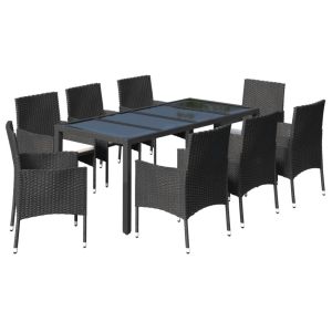 vidaXL set de comedor de jardín 9 pzas y cojines ratán sintético negro