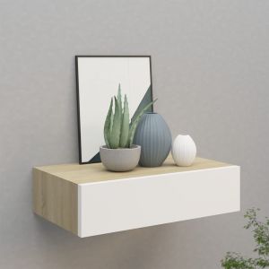 Estante con cajón de pared mdf roble y blanco 40x23,5x10 cm