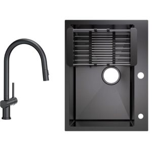 Fregadero de cocina 60x45 cm con escurridor negro antracita + grifo monoman