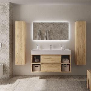 Mueble baño bequia plus 120 cm y 2 coquetas laterales roble con lavabo