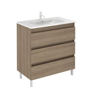 Conjunto mueble baño suspendido con 3 cajones + lavabo 【ancho 60】【nogal】