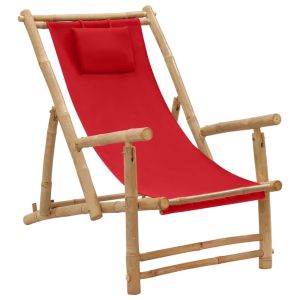 vidaXL silla de playa de bambú y lona rojo