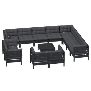 vidaXL muebles de jardín 13 pzas con cojines negro madera maciza pino