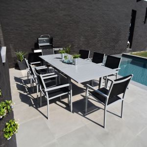 Conjunto jardín extensible capri 8 plazas textileno negro aluminio gris