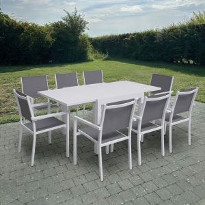 Conjunto jardín extensible 90/180 textileno gris 8 plazas aluminio blanco