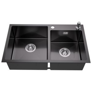 Fregadero de cocina con 2 senos de acero inoxidable, fregadero gris-negro d