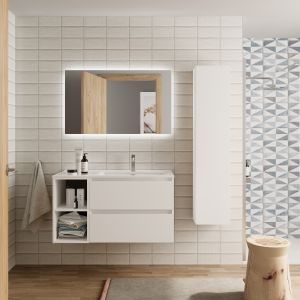 Mueble baño bequia 90cm + coqueta izquierda + lavabo cerámica| blanco