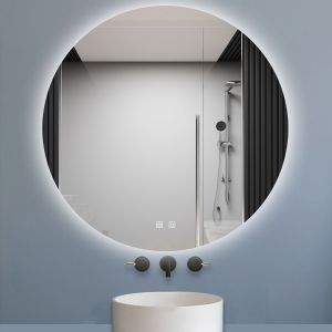 Espejo de baño redondo LED 90×90cm, antivaho, luz tricolor regulable