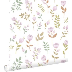 Estahome papel pintado flores morado lila y verde grisáceo - 50 x 900 cm