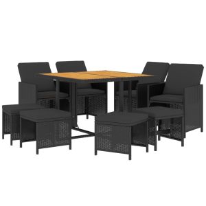 vidaXL set de comedor de jardín 9 pzas y cojines ratán sintético negro