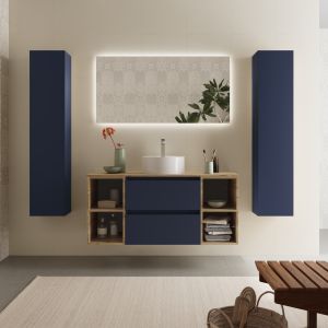 Mueble bequia 120cm + coqueta centrado + encimera + lavabo | azul/ roble