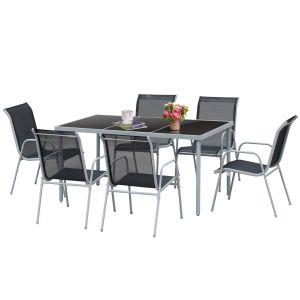 Conjunto de Comedor Acero, Textilene, Vidrio Templado Negro 150x90x72cm